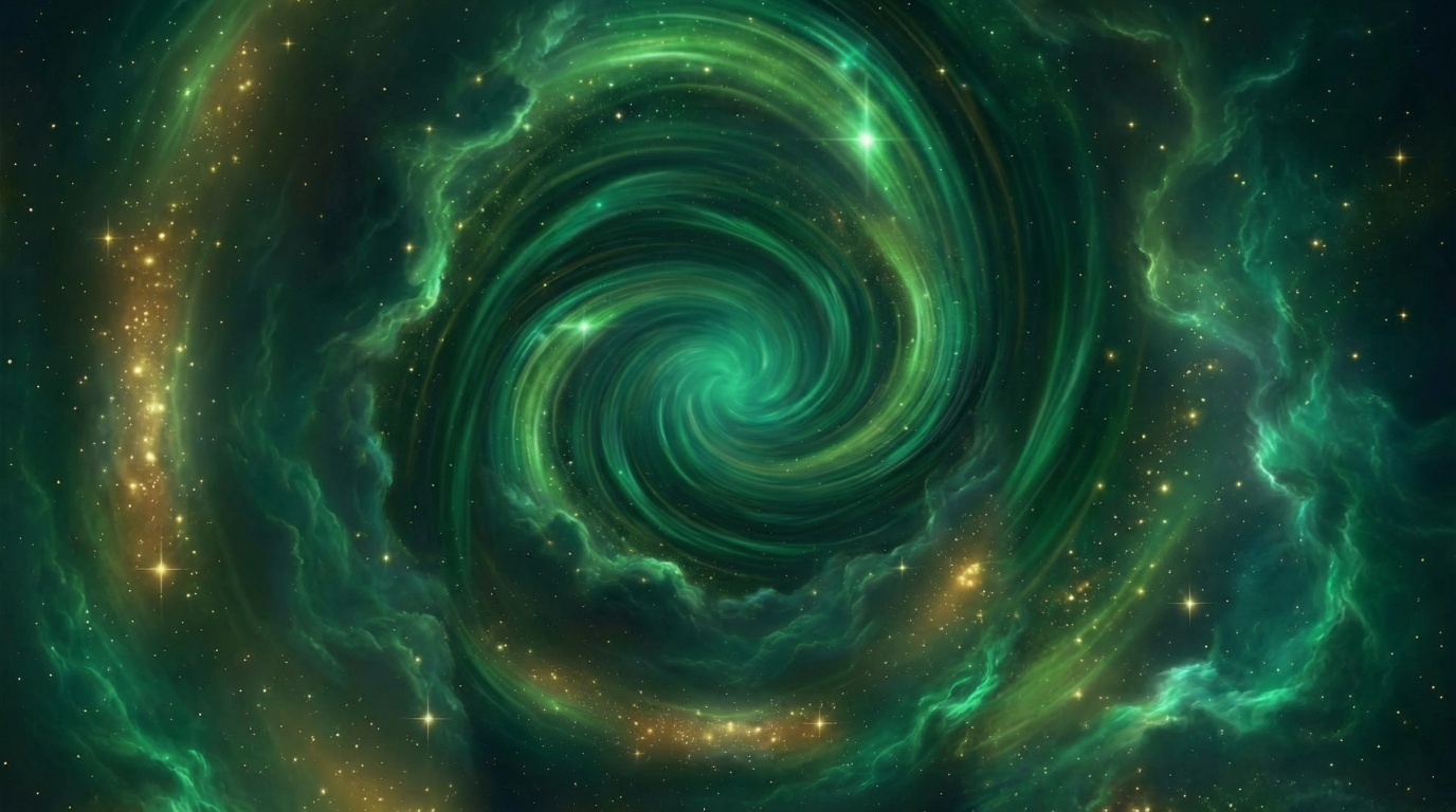 Emerald green cosmic background with golden accents